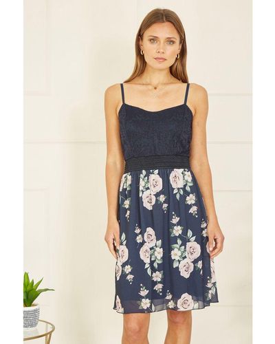 Mela London Lace Bodice Strappy Dress With Rose Print Skirt - Blue