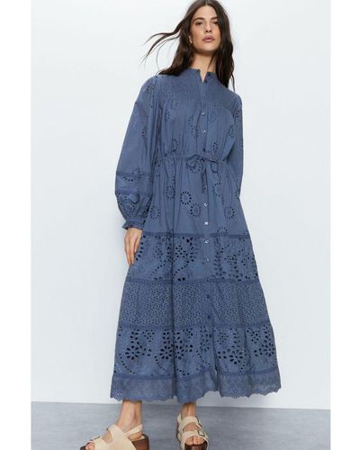 Warehouse Broderie Drawstring Waist Midi Dress Cotton - Blue