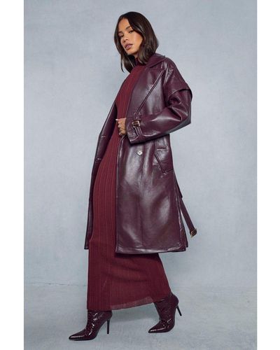 MissPap Textured Leather Oversized Longline Trench Coat - Purple
