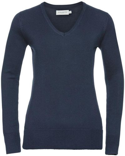 Russell Collection Ladies/ V-neck Knitted Pullover Sweatshirt - Blue