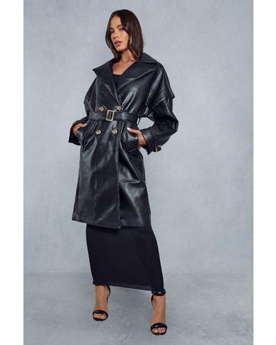 MissPap Longline Oversized Leather Look Trench Coat - Blue