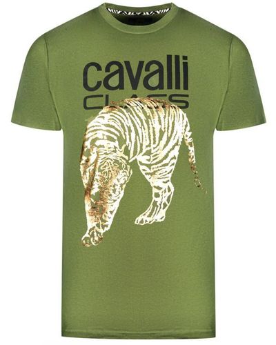 Class Roberto Cavalli Large Tiger Stencil Logo T-Shirt - Green