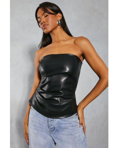 MissPap Leather Look Ruched Bandeau Top - Grey