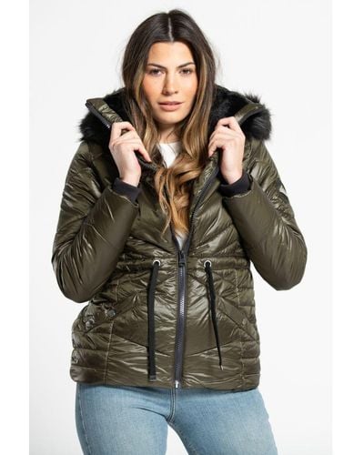 Tokyo Laundry High Shine Quilted Jacket With Faux Fur Trim Hood - Green