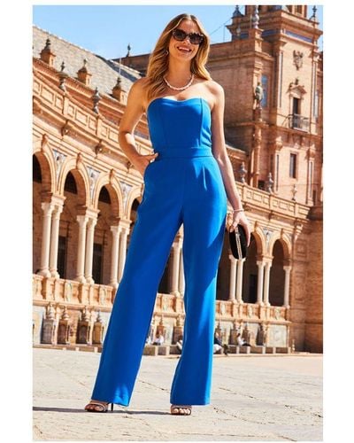Sosandar Cobalt Premium Bandeau Wide Leg Jumpsuit With Pockets Polyester/Viscose - Blue