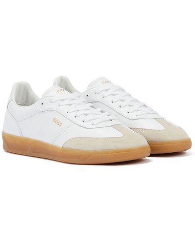 BOSS Brandon Leather And Suede Trainers With Embossed Logos - White