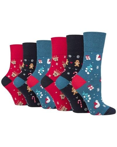 Gentle Grip 6 Pairs Ladies Novelty Christmas Socks - Blue / Red / Grey Cotton