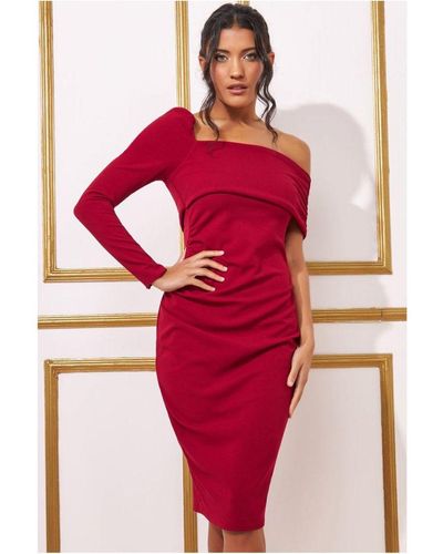 Goddiva One Shoulder Scuba Midi Dress - Red