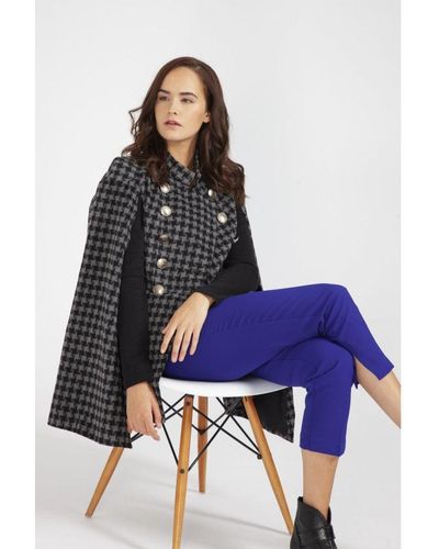 Jayley Houndstooth Cape Coat With Military Buttons - Blue