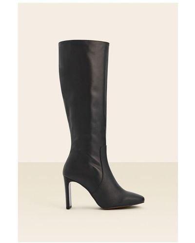Sosandar Brooke Leather Curved Heel Knee High Boot - Black