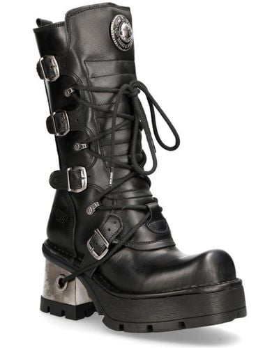 New Rock ’S Leather Gothic Mid-Calf Boots-373-S33 - Black