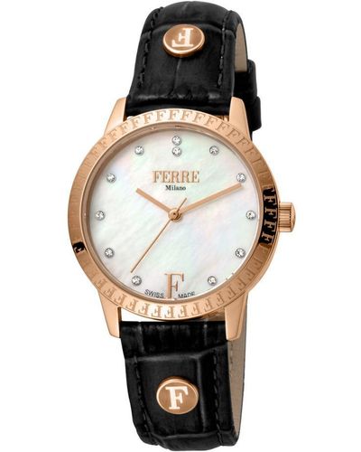 Ferré Ladie's White Mother Of Pearl Dial Leather Watch - Black