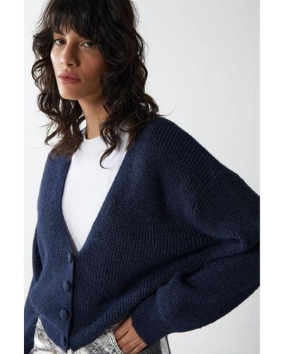 Warehouse Knitted Oversized Cropped Cardigan - Blue