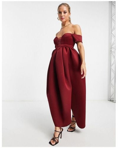 ASOS Off Shoulder Mesh Insert Cocoon Maxi Prom Dress - Red