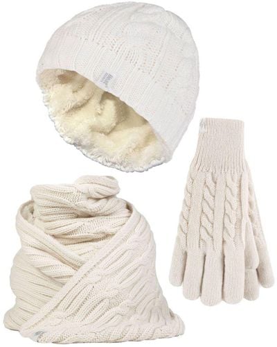 Heat Holders Ladies Knitted Hat Scarf & Gloves Set - White