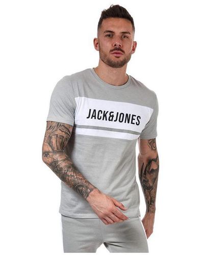 Jack & Jones Jack Jones-set Van Grijs T-shirt En Grijze Short Met Blokprint Voor - Wit