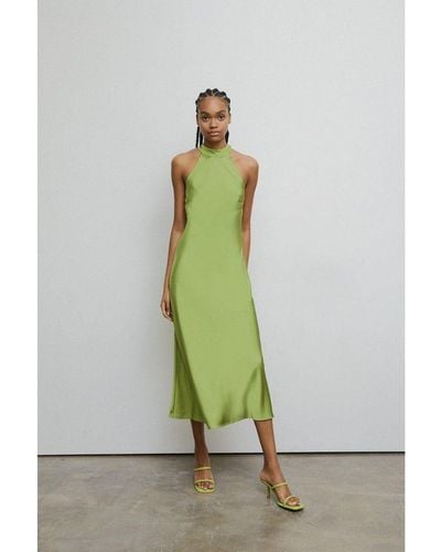 Warehouse Petite Satin Halter Neck Backless Slip Dress - Green