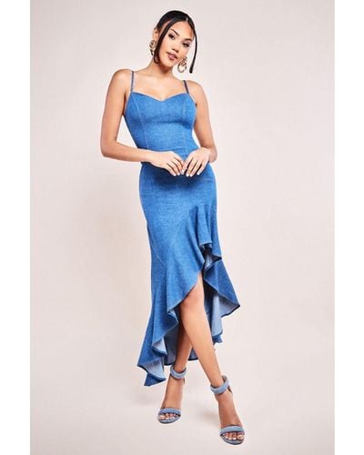 Goddiva Denim Asymmetric Frill Maxi Dress - Blue