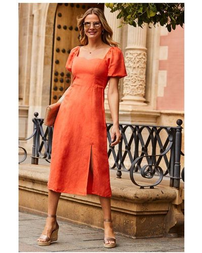 Sosandar Coral Linen Fit & Flare Midi Dress - Orange