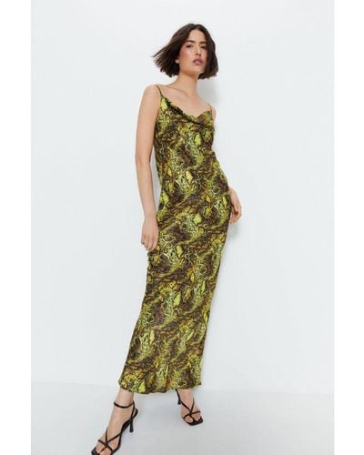 Warehouse Snake Print Satin Cowl Slip Dress - Green
