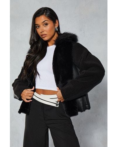 MissPap Faux Fur And Borg Panelled Leather Look Aviator Coat - Black