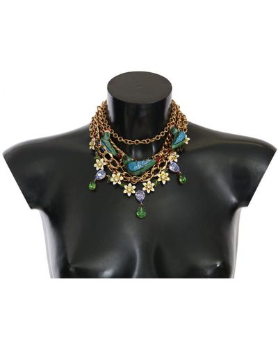 Dolce & Gabbana Gouden Parrot Crystal Floral Charm Statement Ketting - Zwart