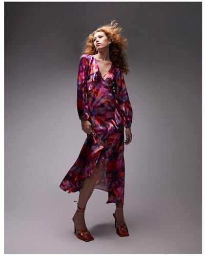 TOPSHOP V Neck Side Rose Print Midi Dress - Purple