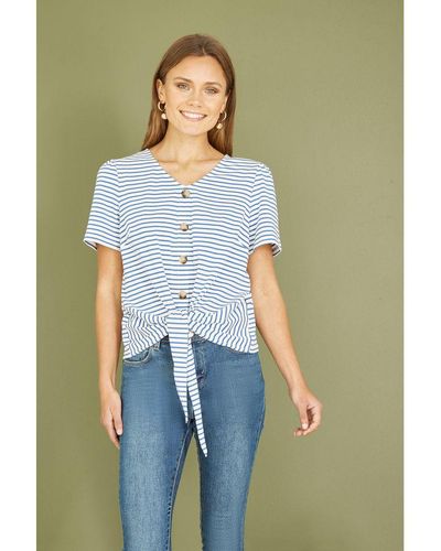 Yumi' Blue Striped Jersey Button Detail Top Cotton
