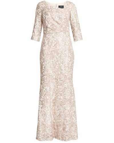 Gina Bacconi Lilenne Asymmetrical Neck 3/4 Sleeve Sequin Lace Dress - Natural