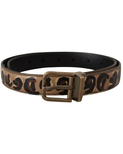 Dolce & Gabbana Leather Leopard Print Bronze Metal Buckle Belt - Black