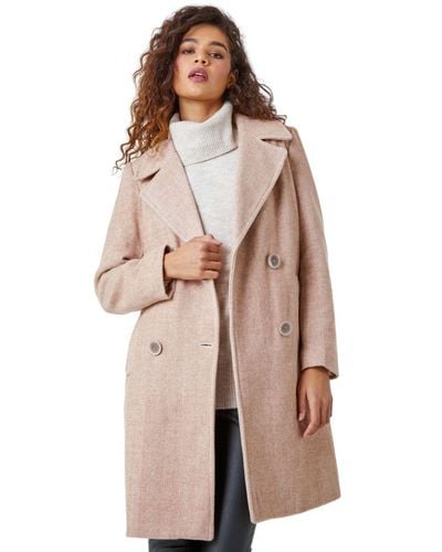 Roman Double Breasted Longline Textured Coat - Brown