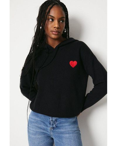 Warehouse Hooded Heart Embroidered Jumper - Black
