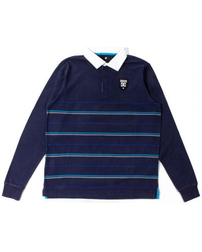 DC Shoes Navy Rugby Stripe Long Sleeve Polo Shirt Cotton - Blue