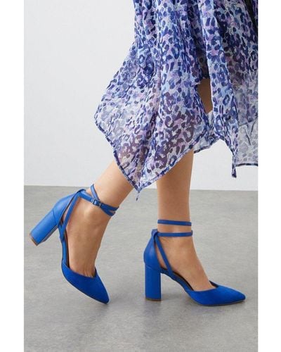 Wallis Elodie Back Strap Detail Pointed Block Heeled Court Shoes - Blue