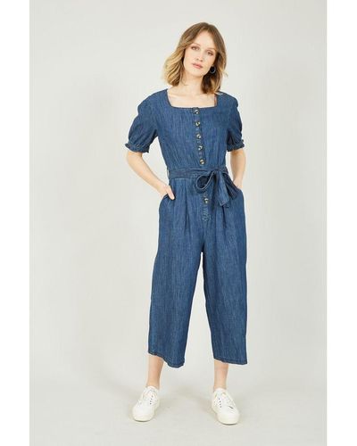 Yumi' Blue Denim Jumpsuit With Puffy Sleeves Cotton