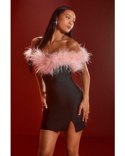 MissPap Feather Bardot Bandage Bodycon Mini Dress - Red