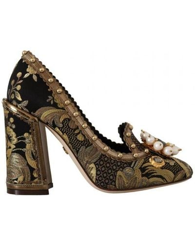 Dolce & Gabbana Gold Crystal Square Toe Brocade Court Shoes Shoes Leather - Brown
