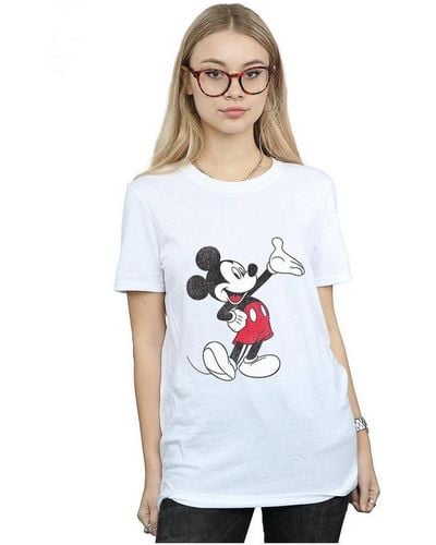 Disney Ladies Traditional Wave Mickey Mouse Cotton Boyfriend T-Shirt () - White