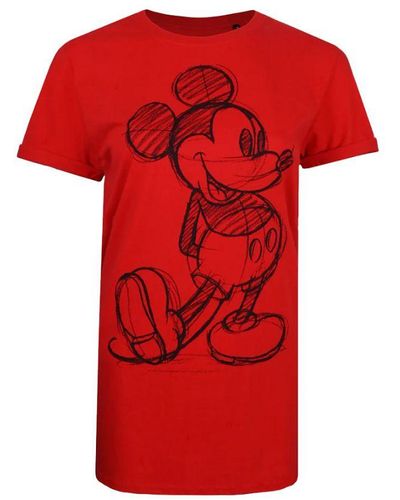 Disney Ladies Mickey Mouse Sketch T-Shirt () Cotton - Red
