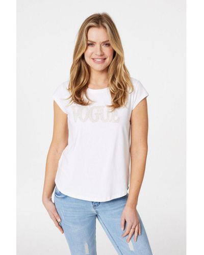 Izabel London White Embellished Logo Print T-shirt Cotton