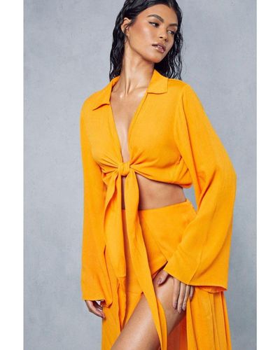 MissPap Crinkle Sheer Plunge Tie Front Shirt - Orange