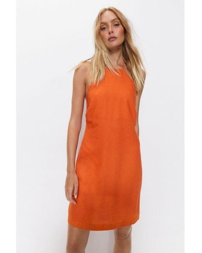 Warehouse Linen Halter Neck Mini Dress - Orange