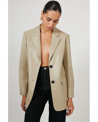 Warehouse Single Breasted Modern Faux Leather Blazer - Natural