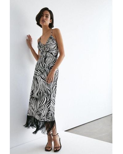 Warehouse Zebra Print Strappy Fringing Midi Dress - White