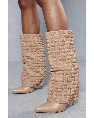 MissPap Textured Folded Knee High Boots - Natural
