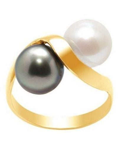 Blue Pearls 750/1000 Geelgouden Ring Met Witte Zoetwaterparel En Zwarte Tahitiaanse Parel