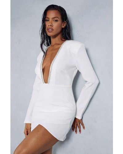 MissPap Diamante Trim Plunge Ruched Skirt Long Sleeve Mini Dress - White