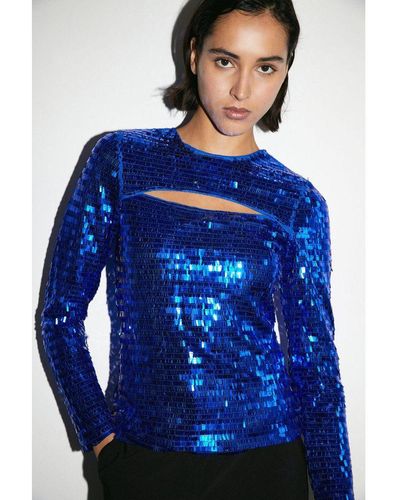 Warehouse Rectangle Sequin Cut Out Top - Blue