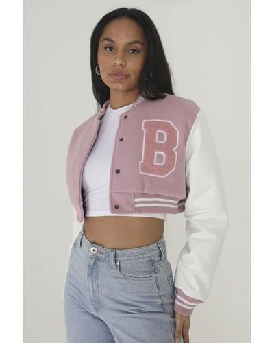 Brave Soul Faux Wool 'Lucy' Cropped Varsity Bomber Jacket - Grey