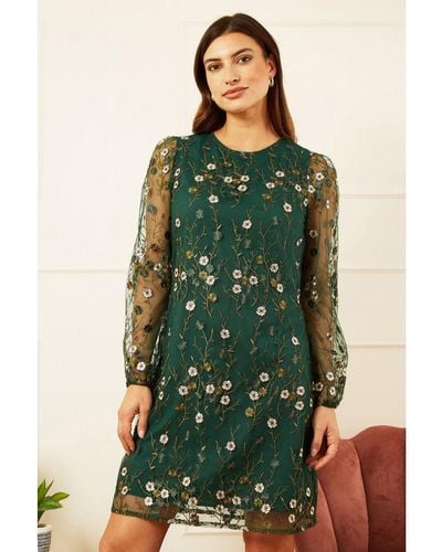 Yumi' Embroidered Floral Tunic Dress - Green